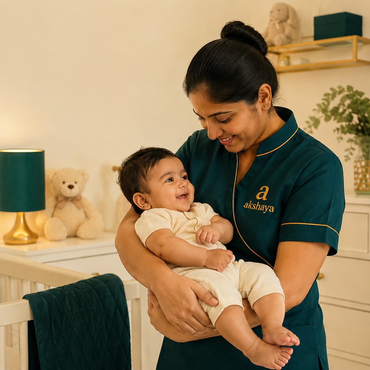 A smiling nanny holding a happy baby in a nursery