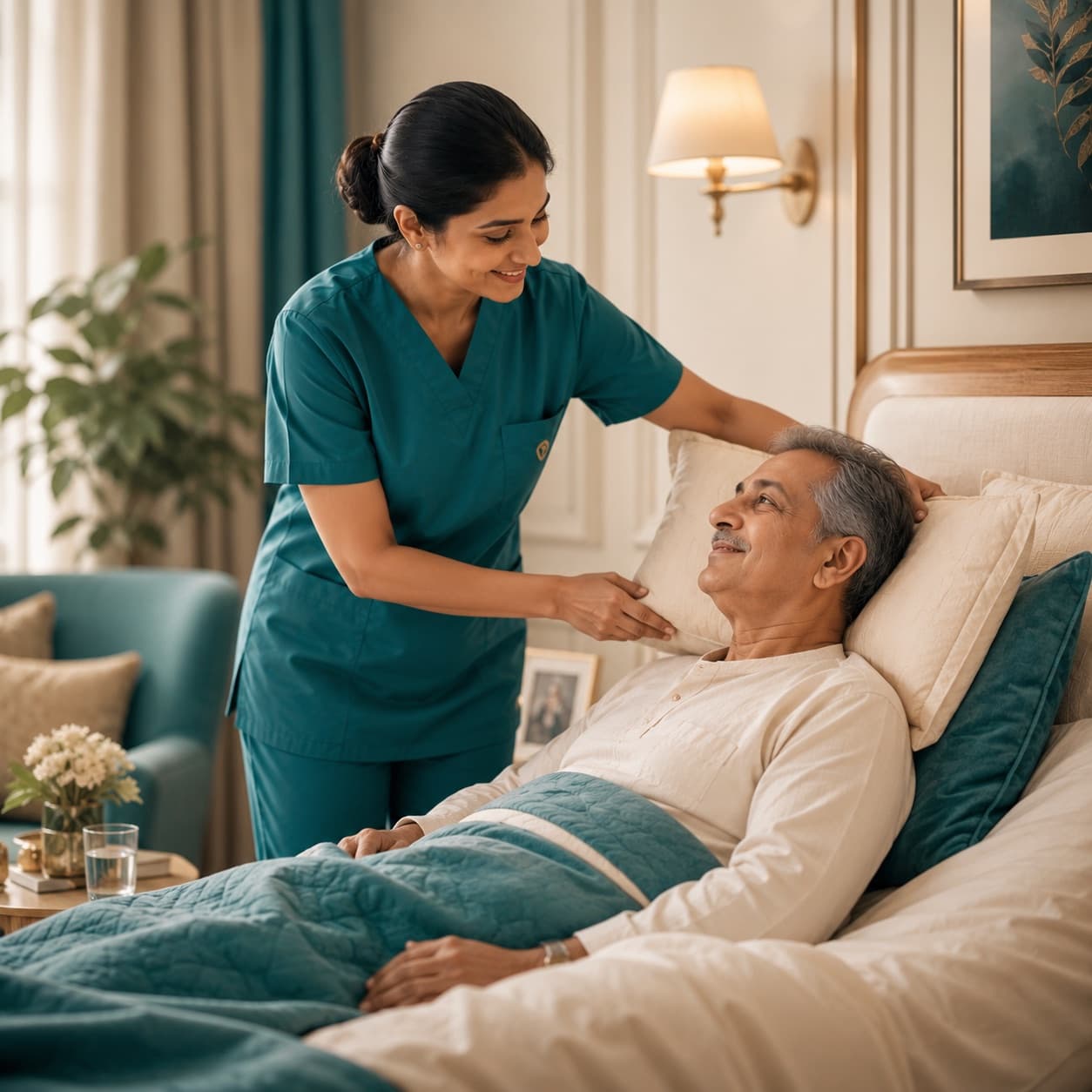 A caregiver adjusting the pillow of an elderly man resting in bed at home